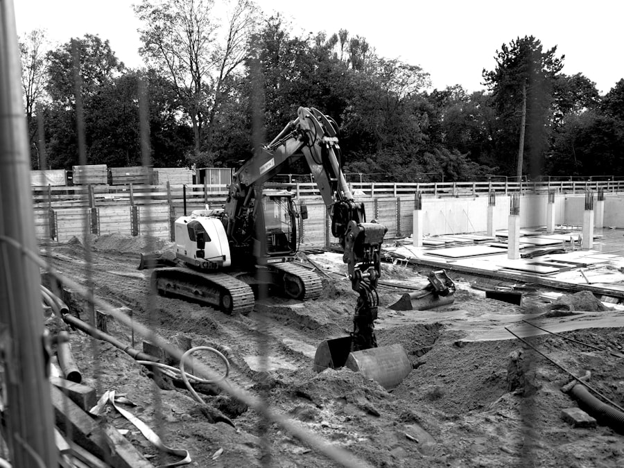 A black and white photo of a construction site