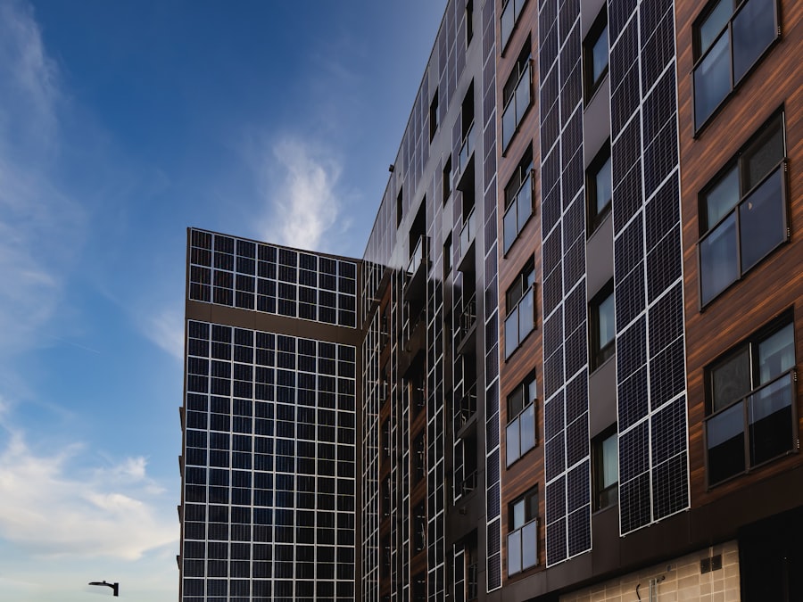 Modern building facade with solar panels and windows