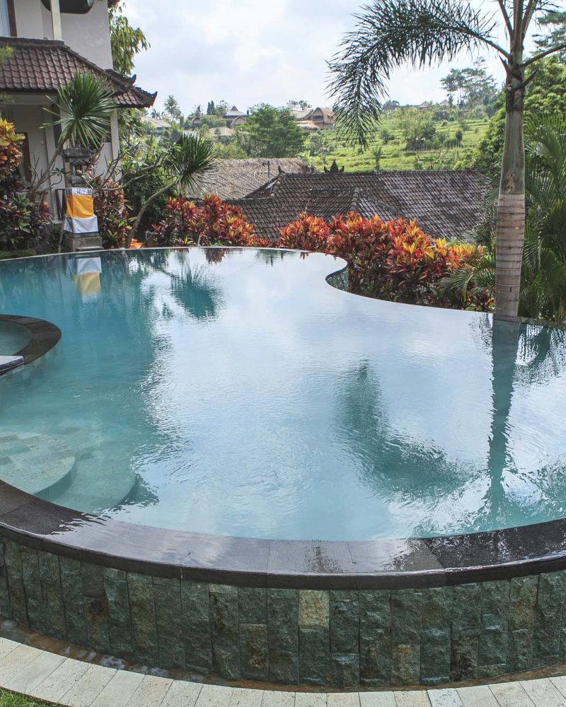 Freeform pool with a dark tile infinity edge