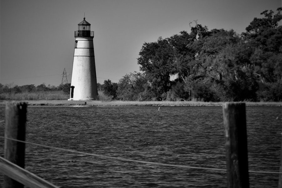 The Tchefuncte River Lighthouse at Madisonville, photographed in black and white from the water