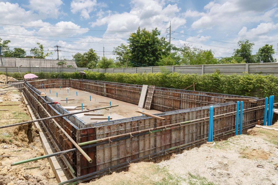 Pool shell under construction with steel reinforcement in place